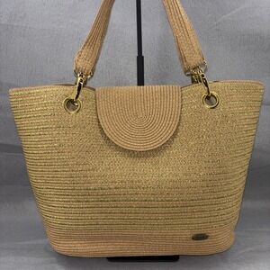 Cappelli Straworld Woven Straw & Gold Shoulder Squishee Tote Bag Lined Travel EC
